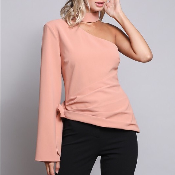 ❗️CLOSING SALE❗️ Almond One Shoulder Halter Top - Picture 3 of 3